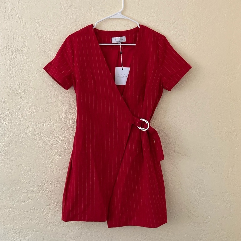 L'Academie Red Pinstripe Mini Wrap Dress